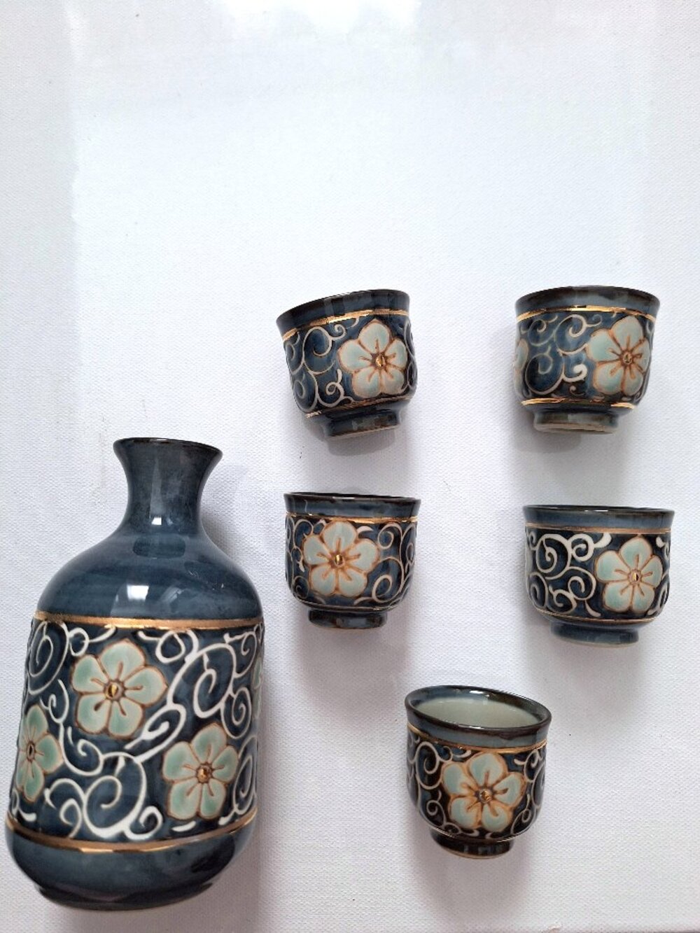 Japanese Sake Set Blue and White Floral